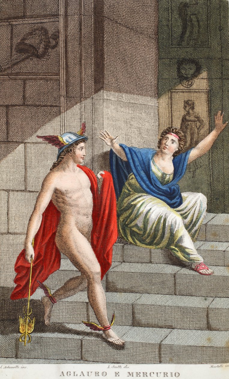 Aglauros i Merkury lub Aglauro e Mercurio, ilustracja z Metamorfoz Owidiusza, Florencja, 1832 (rycina ręcznie kolorowana) autorstwa Luigi Ademollo