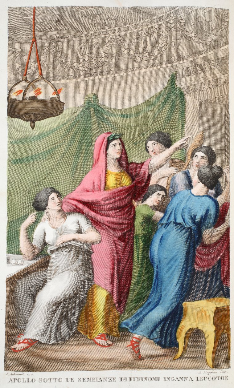 Przebranie Apolla lub Apollo sotte le Sembianze di Eukinome Inganna Leucotto, księga IV, ilustracja z Metamorfoz Owidiusza, Florencja, 1832 (rycina ręcznie kolorowana) autorstwa Luigi Ademollo
