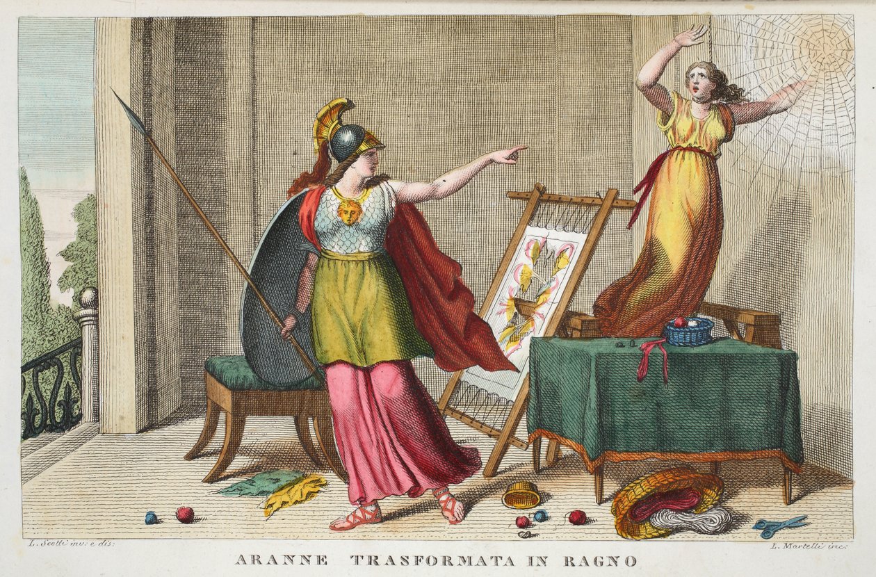 Arachne w pająka lub Aranne Trasformata w Ragno, księga VI, ilustracja z Metamorfoz Owidiusza, Florencja, 1832 (rycina ręcznie kolorowana) autorstwa Luigi Ademollo
