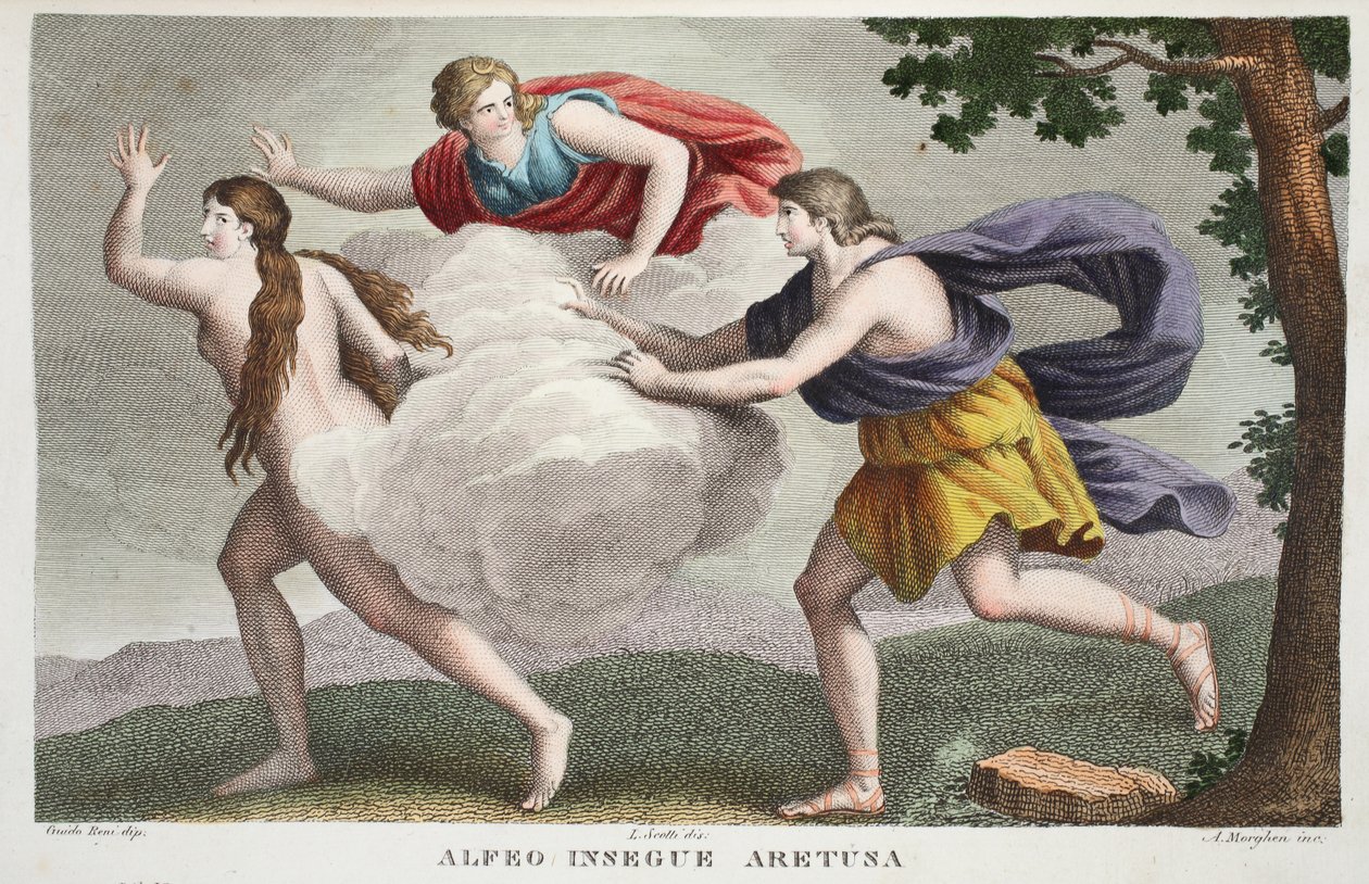 Aretuza do fontanny lub Alfeo Insegue Aretusa, Księga V, ilustracja z Metamorfoz Owidiusza, Florencja, 1832 (rycina ręcznie kolorowana) autorstwa Luigi Ademollo
