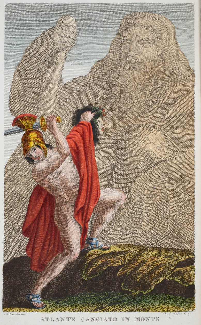 Atlas w górę lub Atlante Cangiato in Monte, księga IV, ilustracja z Metamorfoz Owidiusza, Florencja, 1832 (rycina ręcznie kolorowana) autorstwa Luigi Ademollo