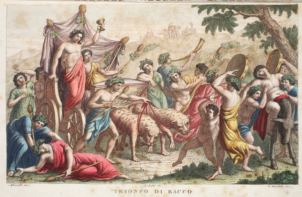 Rytuały Bachusa lub Triumf lub Trionfo di Bacco, księga III, ilustracja z Metamorfoz Owidiusza, Florencja, 1832 (rycina ręcznie kolorowana) autorstwa Luigi Ademollo