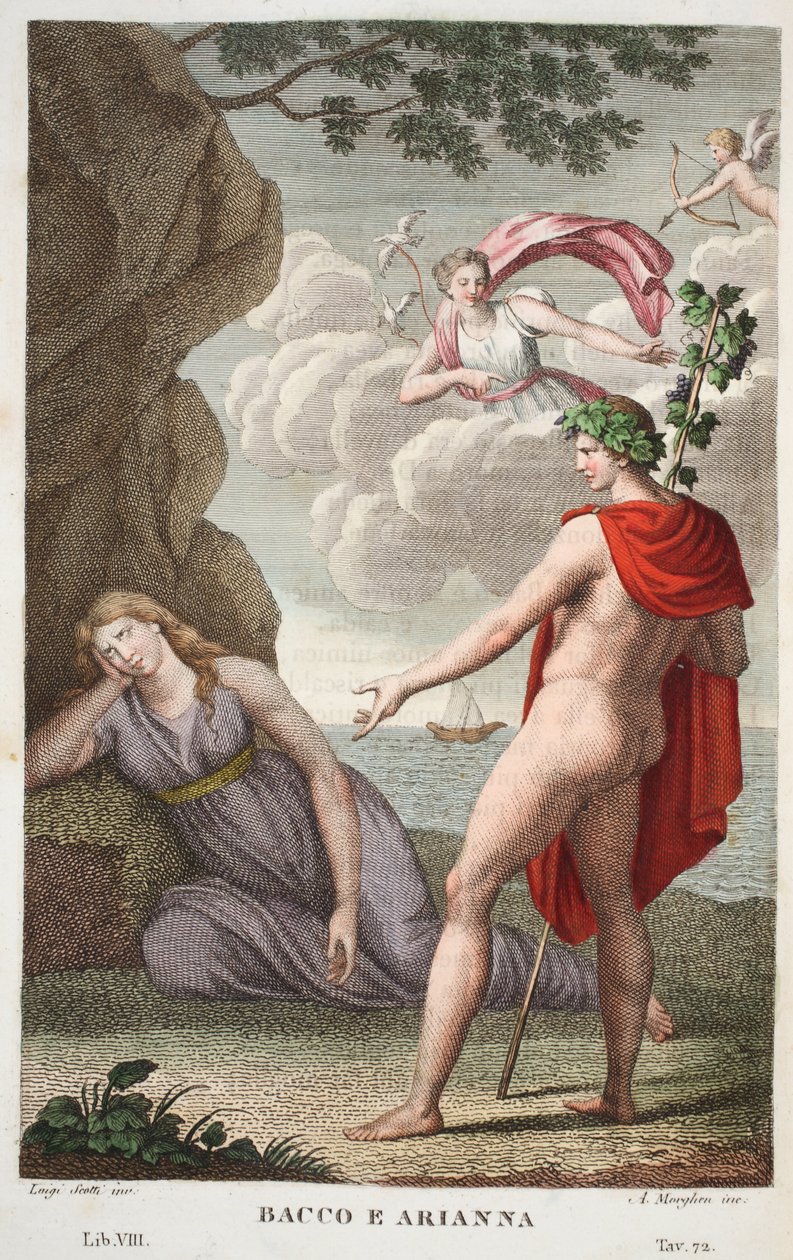 Bacchus i Ariadna lub Bacco e Arianna, Księga VIII, ilustracja z Metamorfoz Owidiusza, Florencja, 1832 (rycina ręcznie kolorowana) autorstwa Luigi Ademollo