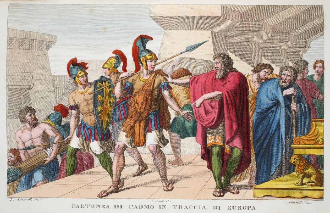 Kadmos wyrusza lub Partenza de Cadmo in Traccia di Europa, Księga III, ilustracja z Metamorfoz Owidiusza, Florencja, 1832 (rycina ręcznie kolorowana) autorstwa Luigi Ademollo