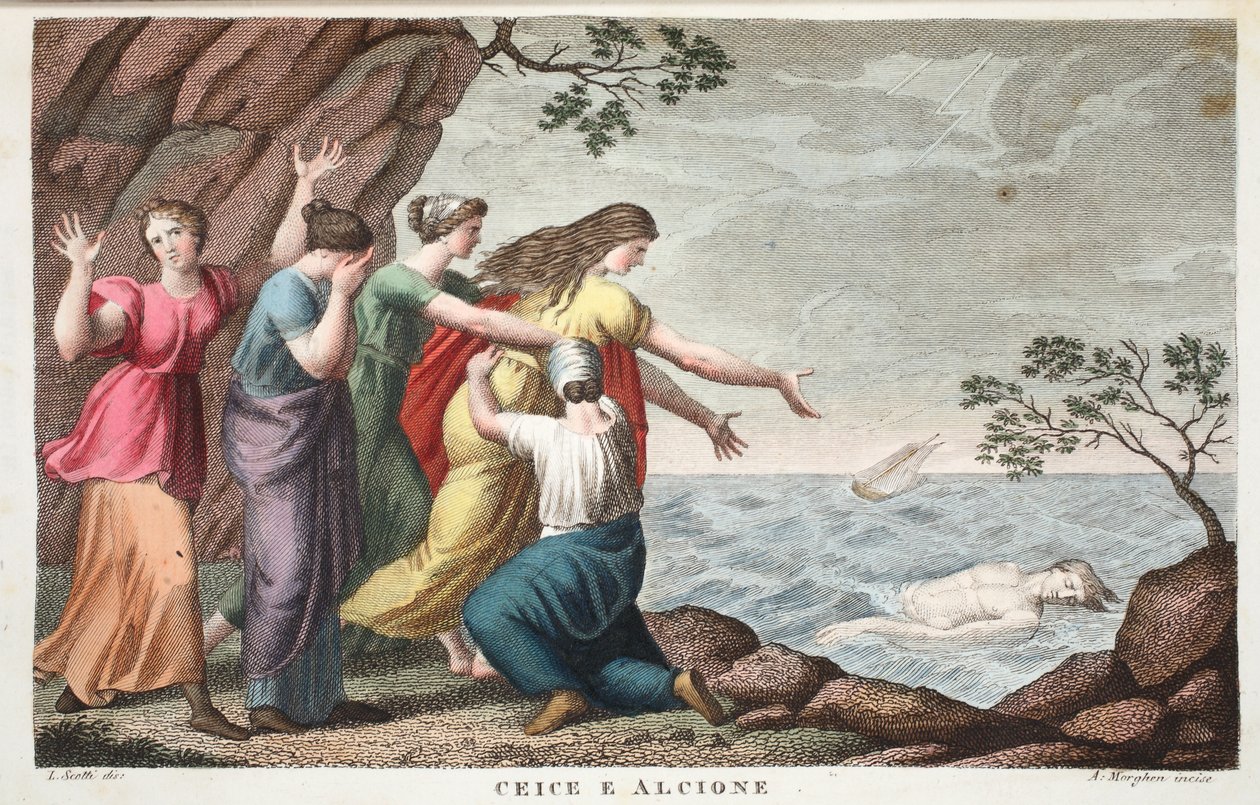 Ceyx i Alcyone lub Ceice e Alcione, Księga XI, ilustracja z Metamorfoz Owidiusza, Florencja, 1832 (rycina ręcznie kolorowana) autorstwa Luigi Ademollo