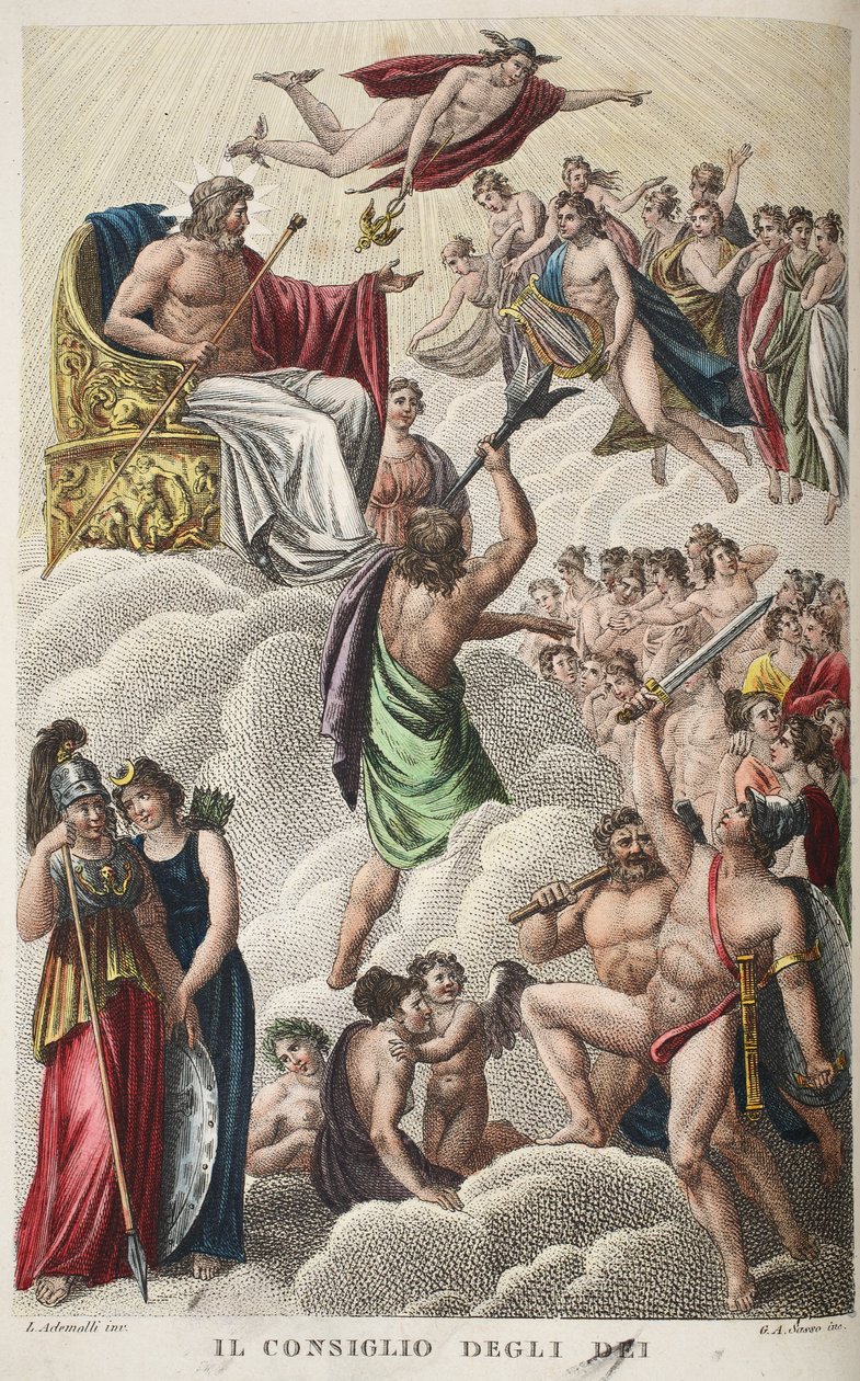 Sobór Bogów lub Il Consiglio Degli Dei, Księga I, ilustracja z Metamorfoz Owidiusza, Florencja, 1832 (rycina ręcznie kolorowana) autorstwa Luigi Ademollo