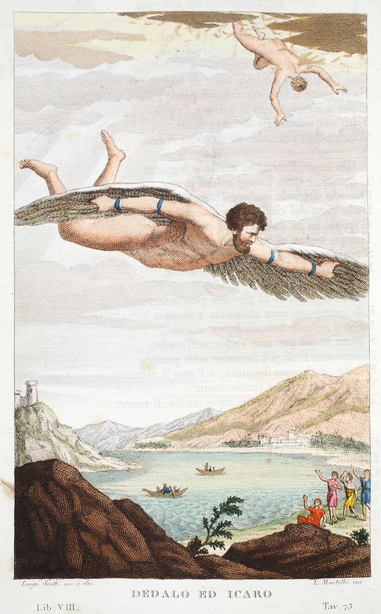 Dedal i Icarus lub Dedalo ed Icaro, księga VIII, ilustracja z Metamorfoz Owidiusza, Florencja, 1832 (rycina ręcznie kolorowana) autorstwa Luigi Ademollo
