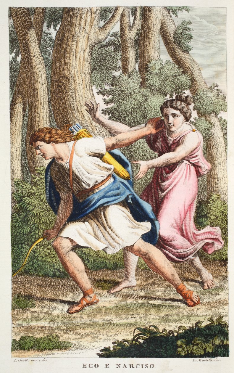 Echo i Narcyz lub Eco e Narciso, Księga III, ilustracja z Metamorfoz Owidiusza, Florencja, 1832 (rycina ręcznie kolorowana) autorstwa Luigi Ademollo