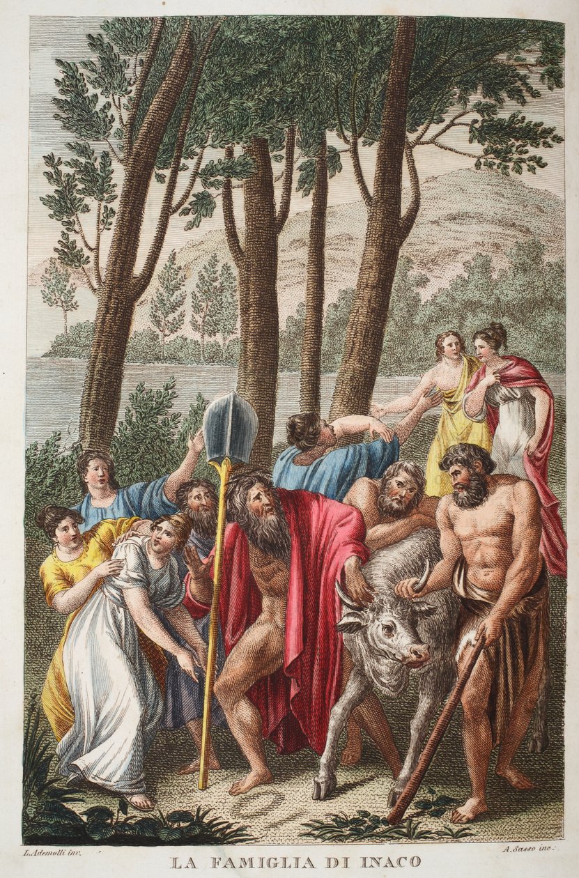Inachus w żałobie lub La Famiglia di Inaco, księga I, ilustracja z Metamorfoz Owidiusza, Florencja, 1832 (rycina ręcznie kolorowana) autorstwa Luigi Ademollo