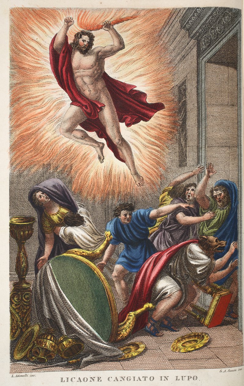 Likaon w wilka lub Licaone Cangiato w Lupo, ilustracja z Metamorfoz Owidiusza, Florencja, 1832 (rycina ręcznie kolorowana) autorstwa Luigi Ademollo