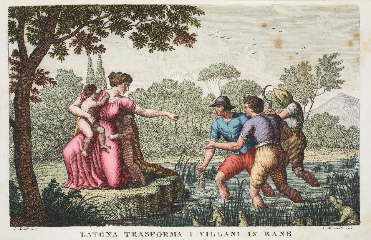 Lycian Rustics into Frogs or Latona transforma I Villani in Rane, Księga VI, ilustracja z Metamorfoz Owidiusza, Florencja, 1832 (rycina ręcznie kolorowana) autorstwa Luigi Ademollo