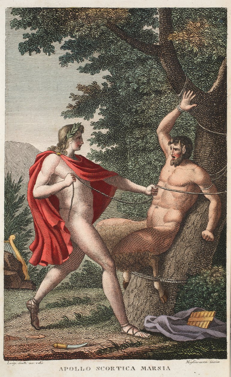 Marsjasz obdzierany ze skóry przez Apolla lub Apolla Scortica Marsia, księga VI, ilustracja z Metamorfoz Owidiusza, Florencja, 1832 (rycina ręcznie kolorowana) autorstwa Luigi Ademollo