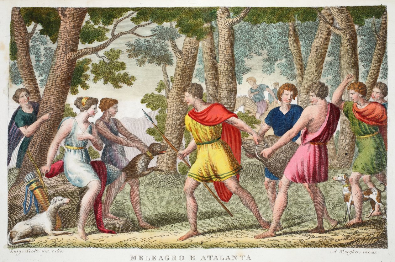 Meleager i Atlanta lub Meleagro e Atalanta, księga VIII, ilustracja z Metamorfoz Owidiusza, Florencja, 1832 (rycina ręcznie kolorowana) autorstwa Luigi Ademollo