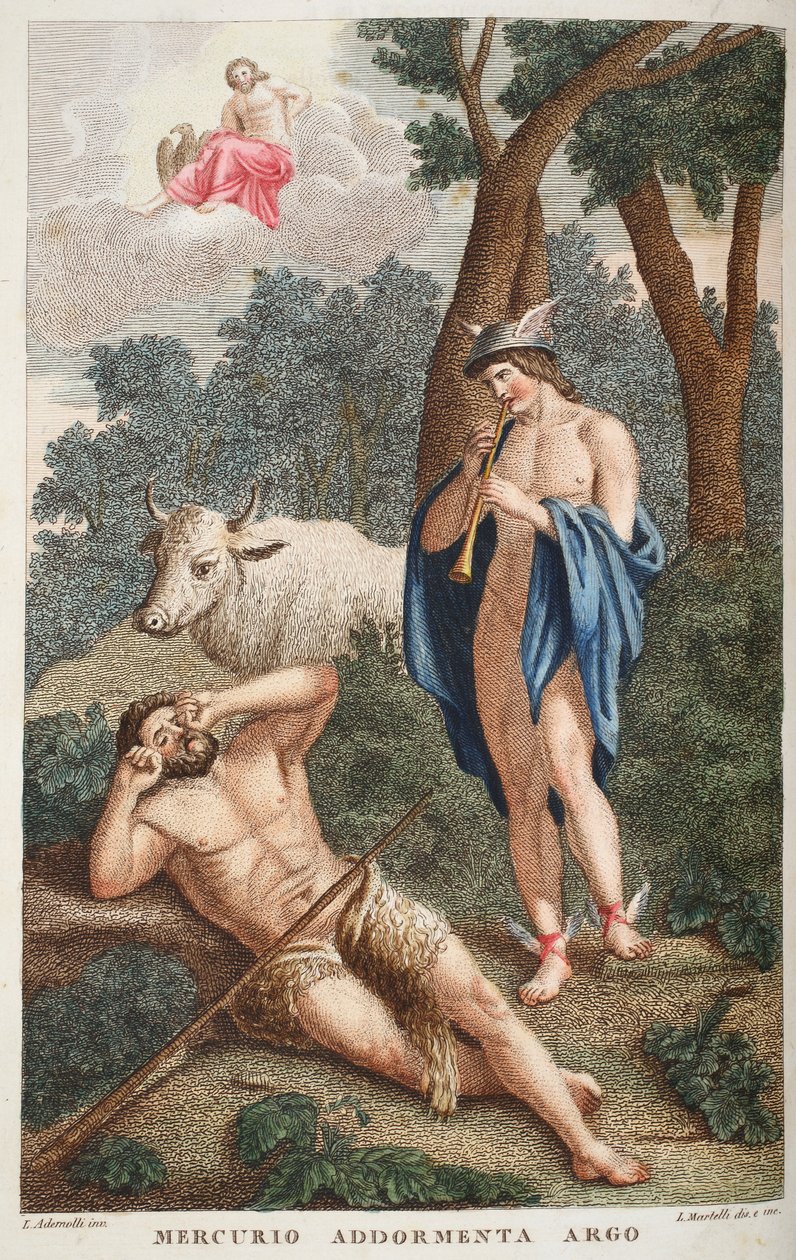Merkury usypia Argusa lub Mercurio Addormenta Argo, ilustracja z Metamorfoz Owidiusza, Florencja, 1832 (ręcznie kolorowana rycina) autorstwa Luigi Ademollo