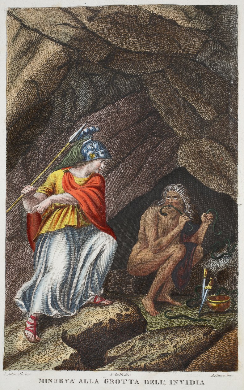 Minerva odwiedza Envy lub Minerva all Grotta deli Invidia, ilustracja z Metamorfoz Owidiusza, Florencja, 1832 (ręcznie kolorowana rycina) autorstwa Luigi Ademollo