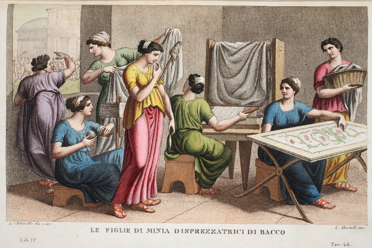Minyades lub Figlie di Minia Disprezzatrici di Bacco, księga IV, ilustracja z Metamorfoz Owidiusza, Florencja, 1832 (rycina ręcznie kolorowana) autorstwa Luigi Ademollo