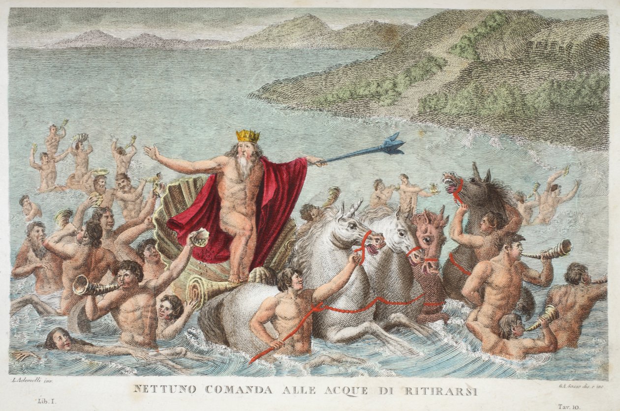 Neptun uspokajający fale lub Nettuno Comanda alle Acque di Ritirarsi, Księga I, ilustracja z Metamorfoz Owidiusza, Florencja, 1832 (rycina ręcznie kolorowana) autorstwa Luigi Ademollo