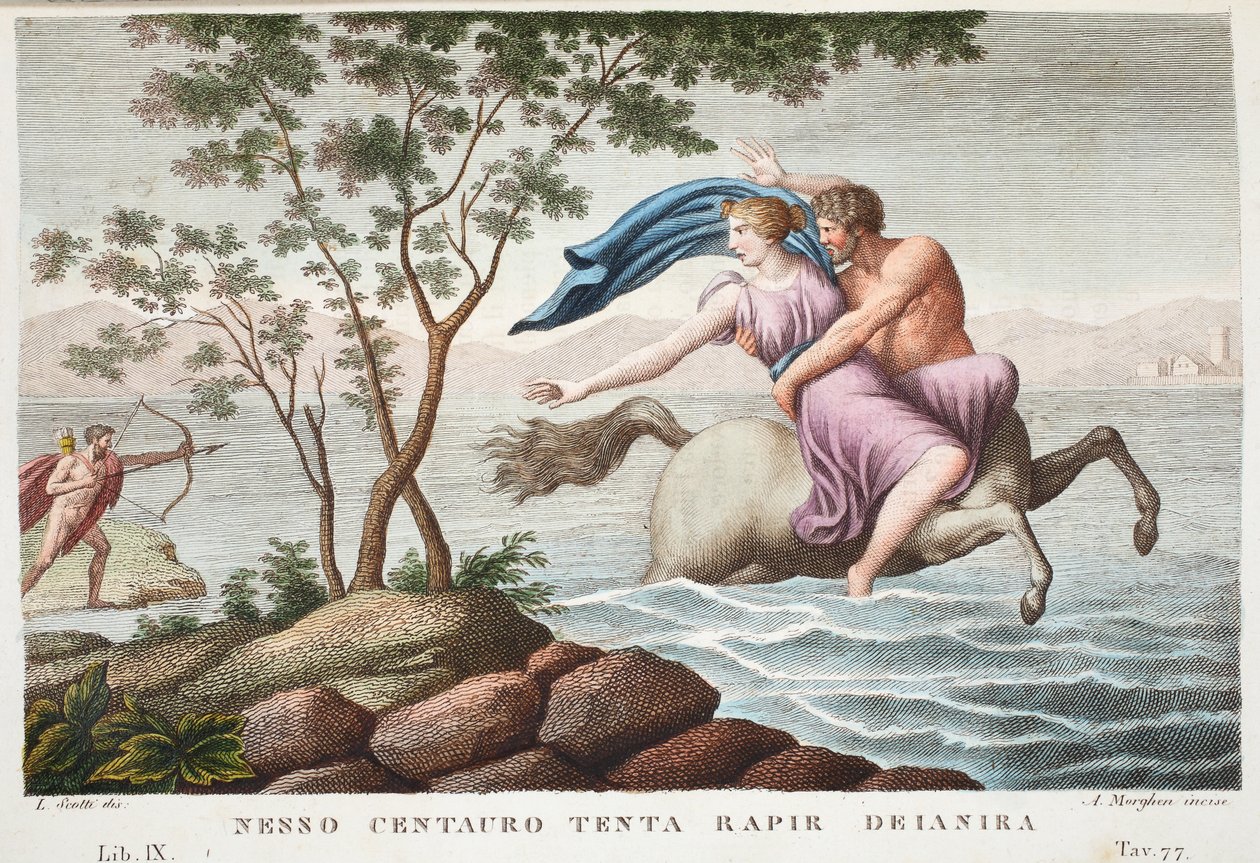 Nessus i Deianira lub Nesso Centauro tenta rapir Deianira, Księga IX, ilustracja z Metamorfoz Owidiusza, Florencja, 1832 (rycina ręcznie kolorowana) autorstwa Luigi Ademollo
