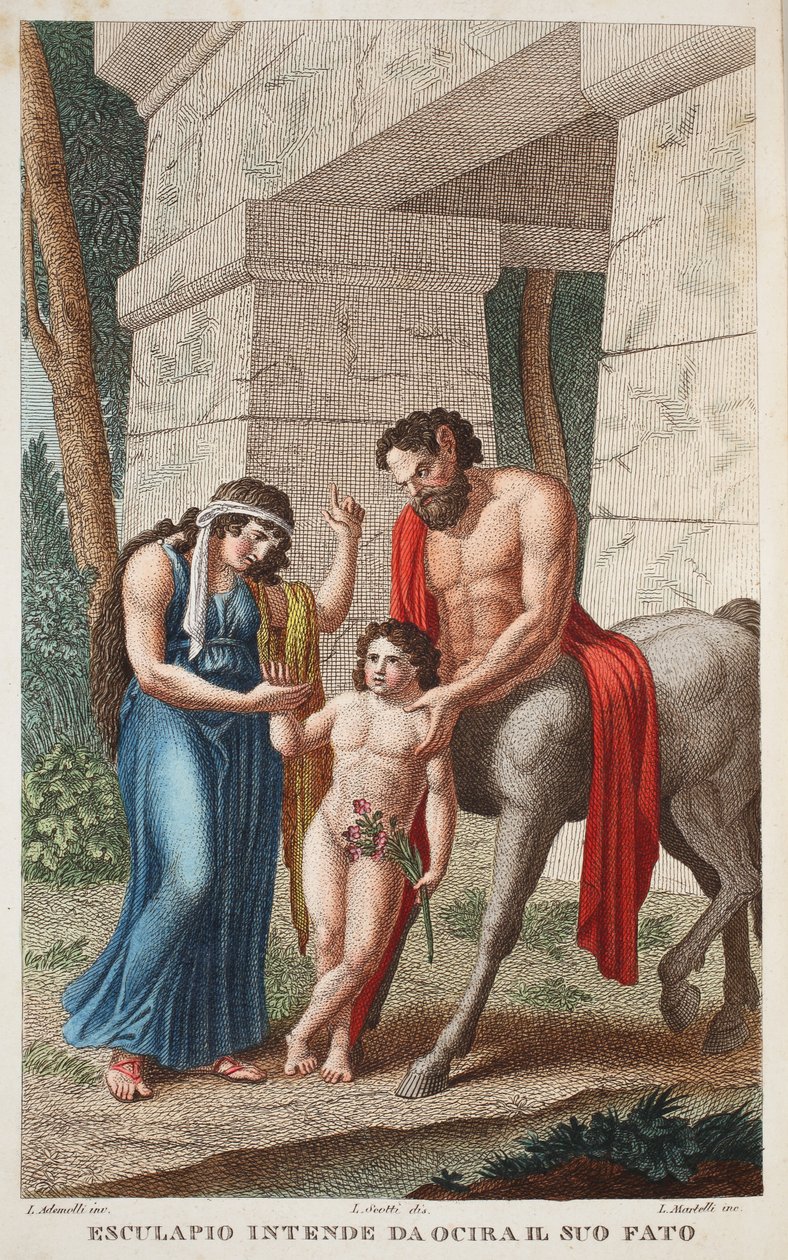Ocyrrhoe w Mare lub Esculapio intende da Ocira il Suo Fato, ilustracja z Metamorfoz Owidiusza, Florencja, 1832 (rycina ręcznie kolorowana) autorstwa Luigi Ademollo