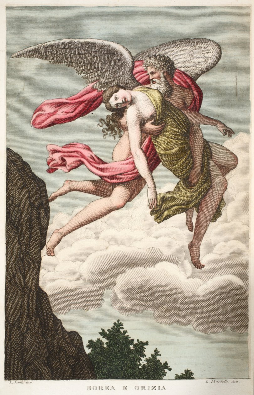 Orithyia zostaje zgwałcona przez Boreasa lub Borea e Orizia, księga VI, ilustracja z Metamorfoz Owidiusza, Florencja, 1832 (rycina ręcznie kolorowana) autorstwa Luigi Ademollo