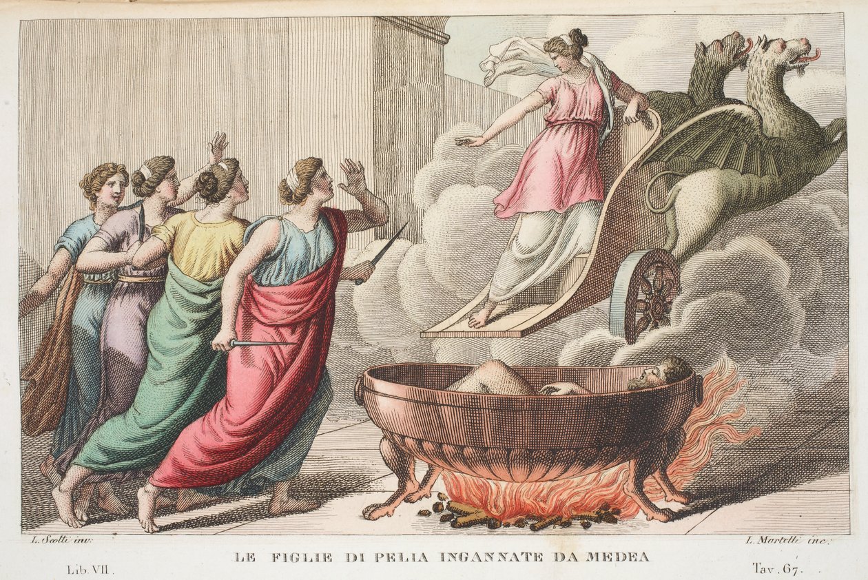 Pelias z córkami lub Le Figlie di Pelia Ingannate da Medea, księga VII, ilustracja z Metamorfoz Owidiusza, Florencja, 1832 (rycina ręcznie kolorowana) autorstwa Luigi Ademollo