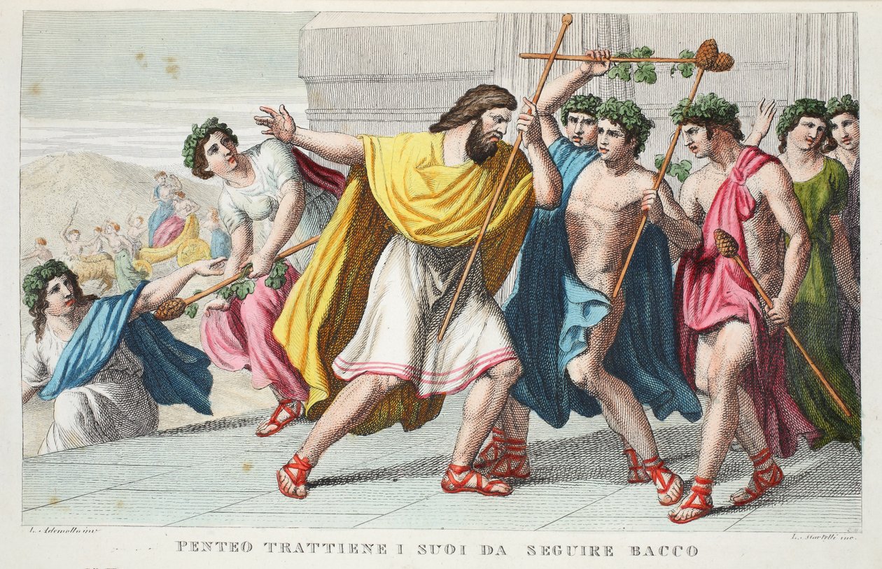 Penteusz prześladuje uczniów Bachusa lub Penteo Trattiene I suoi da Seguire Bacco, księga III, ilustracja z Metamorfoz Owidiusza, Florencja, 1832 (rycina ręcznie kolorowana) autorstwa Luigi Ademollo