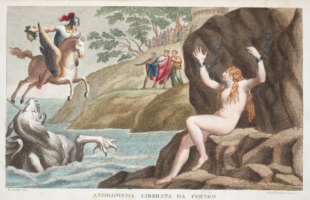 Perseusz i Andromeda lub Andromeda Liberata da Perseo, księga IV, ilustracja z Metamorfoz Owidiusza, Florencja, 1832 (rycina ręcznie kolorowana) autorstwa Luigi Ademollo