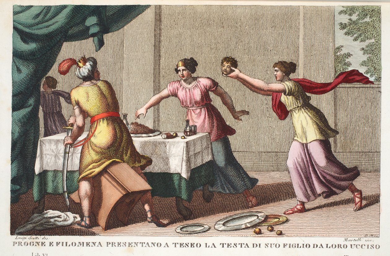 Procne, Philomela, and Tereus Driven Insane or Progne and Philomena Present Theseus with the Head of His Son killed by them, Book VI, illustration from Ovid