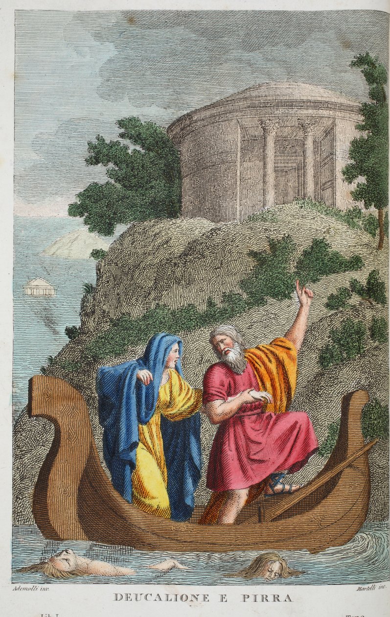 Pyrrha i Deucalion lub Deucalione e Pirra, ilustracja z Metamorfoz Owidiusza, Florencja, 1832 (rycina ręcznie kolorowana) autorstwa Luigi Ademollo