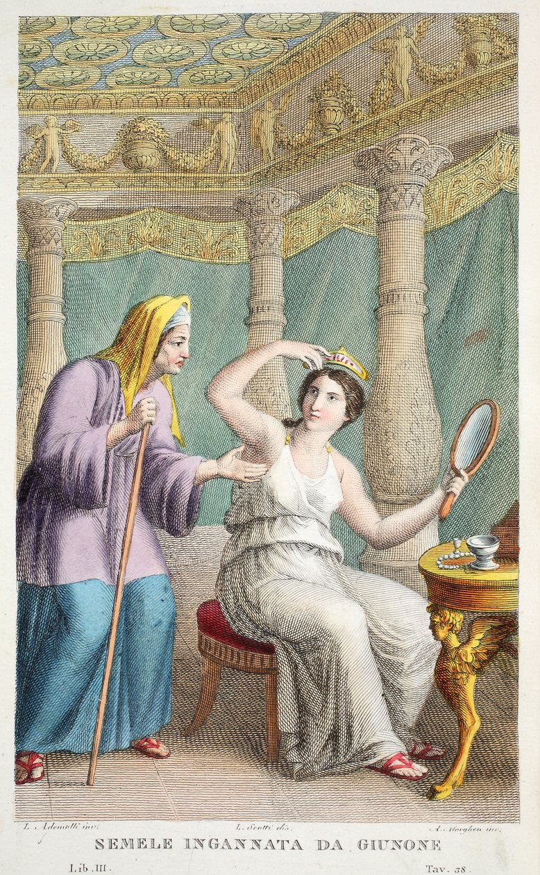 Semele jest oszukany lub Semele Ingannata da Giunone, ilustracja z Metamorfoz Owidiusza, Florencja, 1832 (rycina ręcznie kolorowana) autorstwa Luigi Ademollo