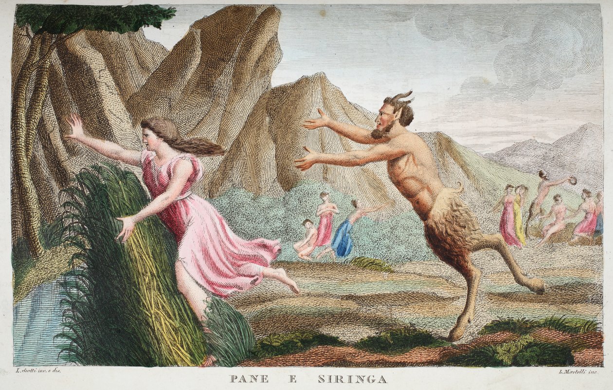 Syrinx w trzcinę lub Pane e Siringa, księga I, ilustracja z Metamorfoz Owidiusza, Florencja, 1832 (rycina ręcznie kolorowana) autorstwa Luigi Ademollo