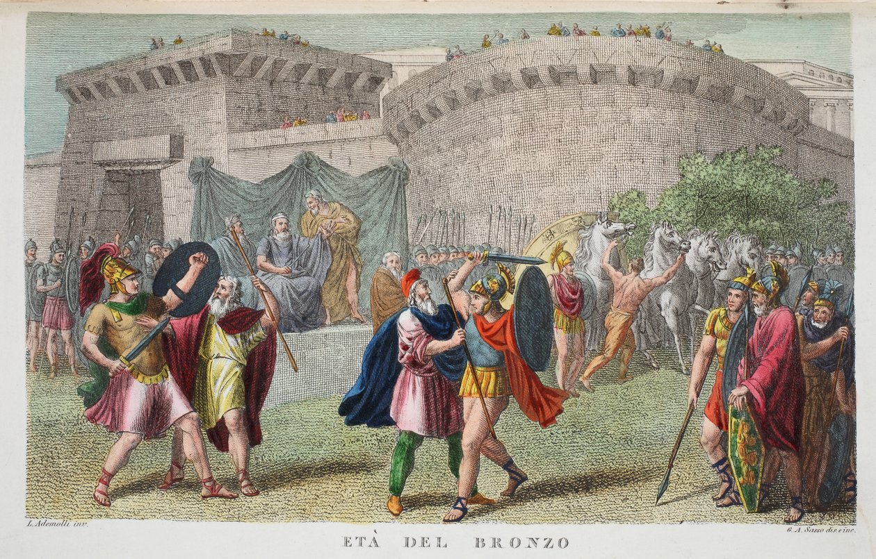 Epoka brązu lub Eta del Bronzo, księga I, ilustracja z Metamorfoz Owidiusza, Florencja, 1832 (rycina ręcznie kolorowana) autorstwa Luigi Ademollo