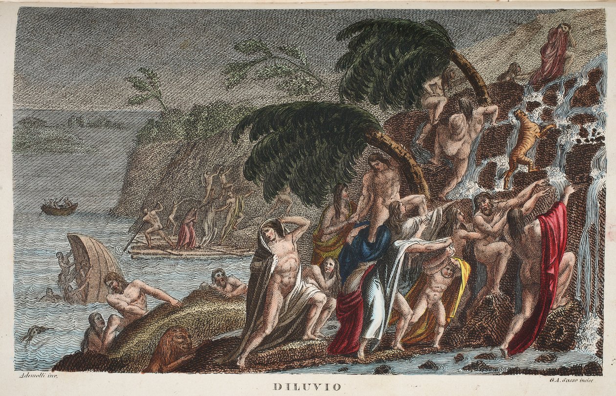 Potop lub Diluvio, Księga I, ilustracja z Metamorfoz Owidiusza, Florencja, 1832 (rycina ręcznie kolorowana) autorstwa Luigi Ademollo
