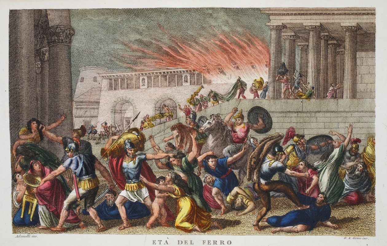 Epoka żelaza lub Eta del Ferro, ilustracja z Metamorfoz Owidiusza, Florencja, 1832 (rycina ręcznie kolorowana) autorstwa Luigi Ademollo