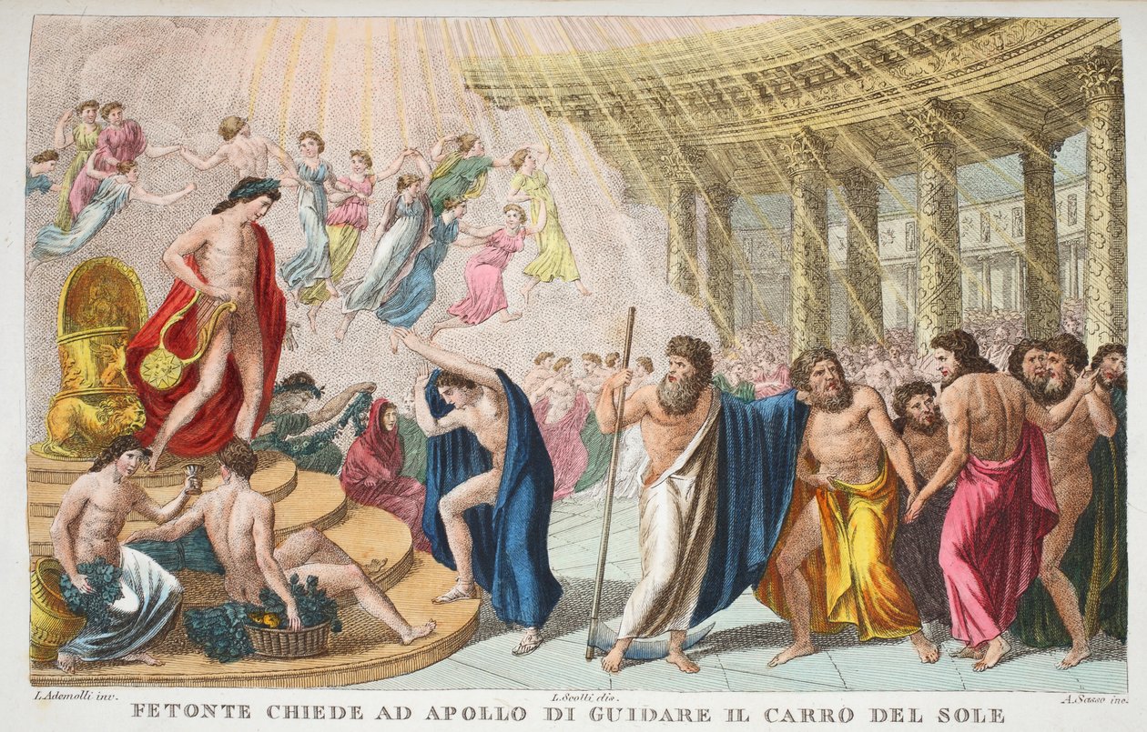 Pałac Słońca lub Faeton prosi Apolla, by poprowadził rydwan słońca, księga II, ilustracja z Metamorfoz Owidiusza, Florencja, 1832 (ręka kolorowana rycina) autorstwa Luigi Ademollo