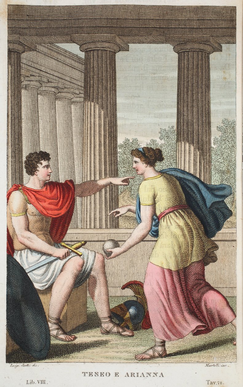 Tezeusz i Ariadna lub Terro e Arianna, Księga VIII, ilustracja z Metamorfoz Owidiusza, Florencja, 1832 (rycina ręcznie kolorowana) autorstwa Luigi Ademollo