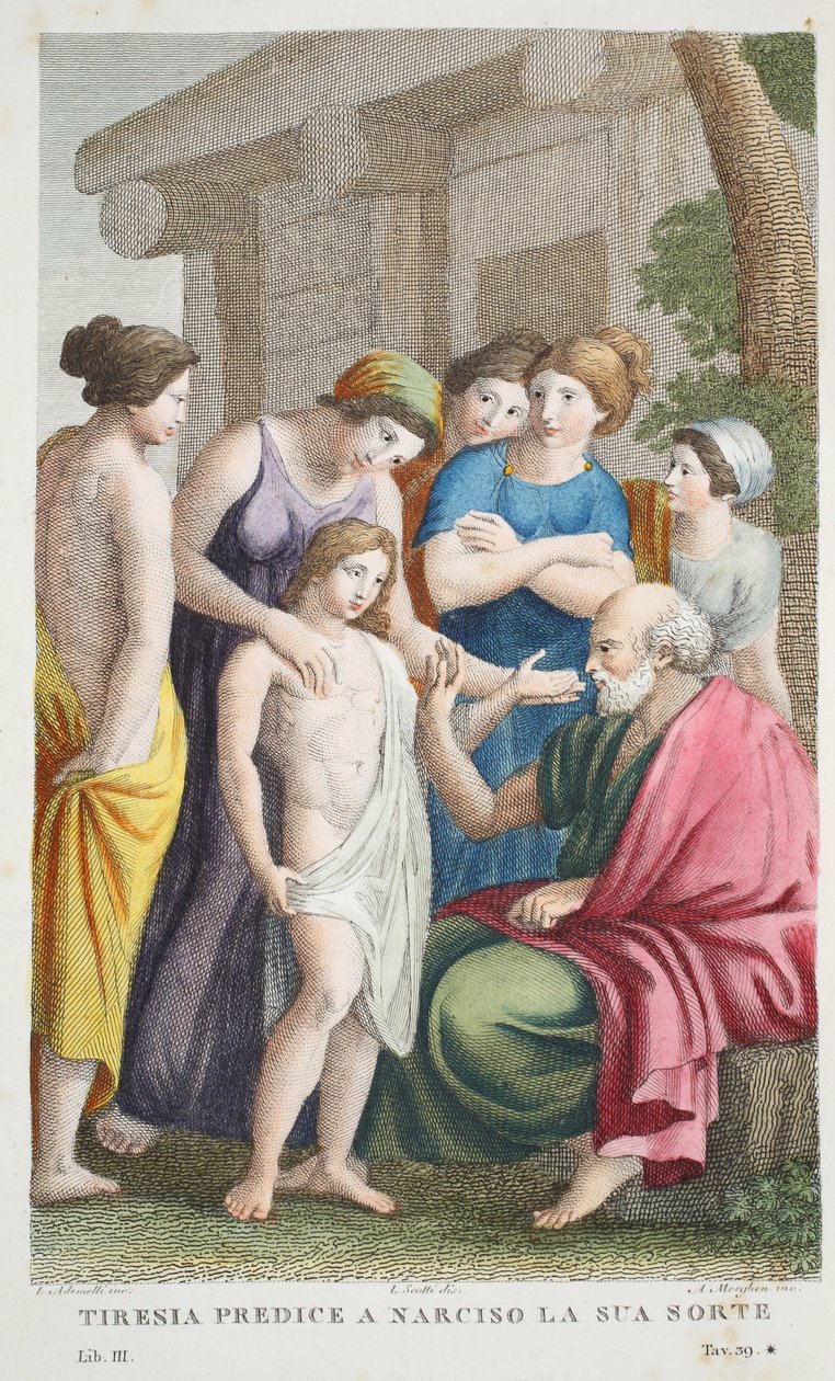 Proroctwa Tejrezjasza lub Tirenia predice a Narciso la sua sorte, Księga III, ilustracja z Metamorfoz Owidiusza, Florencja, 1832 (rycina ręcznie kolorowana) autorstwa Luigi Ademollo