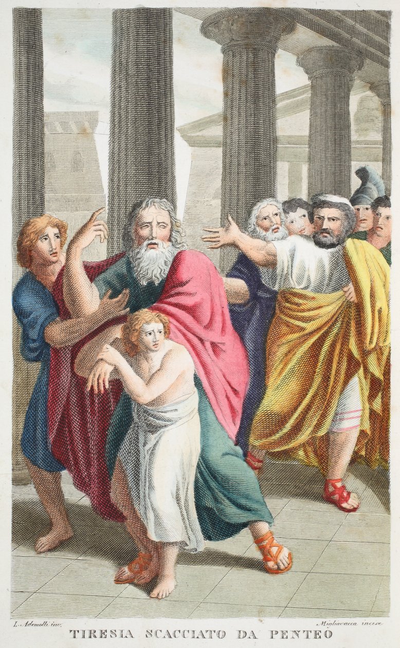 Tejrezjasz odrzucony przez Penteusza lub Tirenia Scacciato da Penteo, Księga III, ilustracja z Metamorfoz Owidiusza, Florencja, 1832 (rycina ręcznie kolorowana) autorstwa Luigi Ademollo