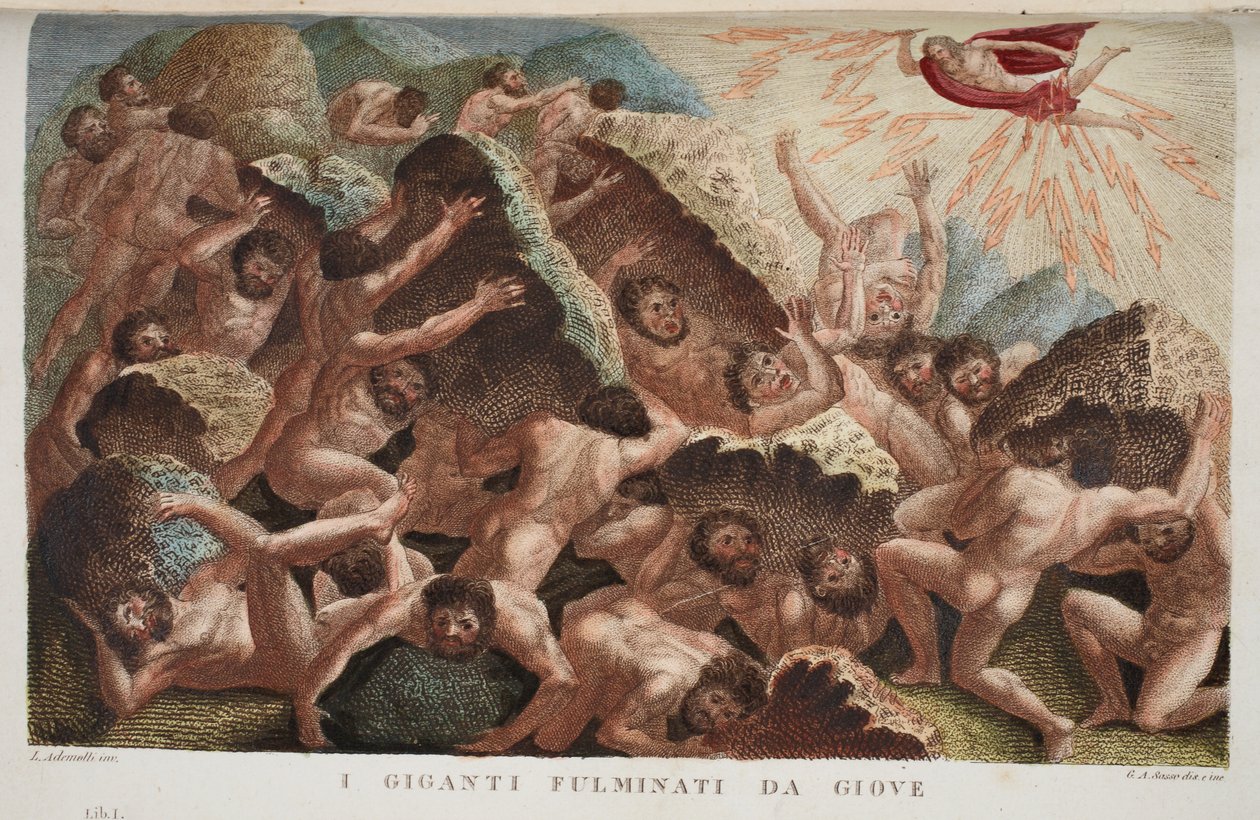 Wojna gigantów przeciwko Jowiszowi lub I Giganti Fulminati da Giove, księga I, ilustracja z Metamorfoz Owidiusza, Florencja, 1832 (rycina ręcznie kolorowana) autorstwa Luigi Ademollo