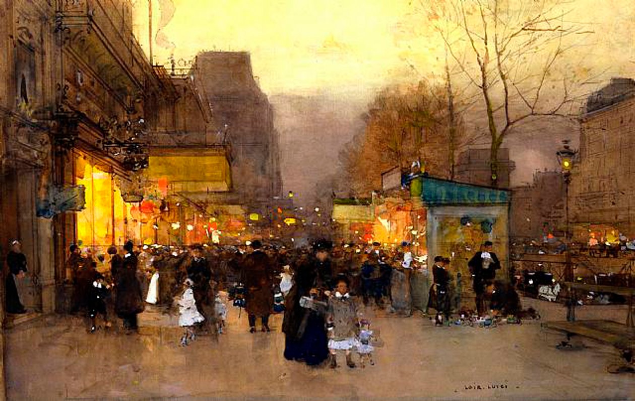 Porte St Martin w czasie Bożego Narodzenia, Paryż, ok. 1890 (tempera na płycie) autorstwa Luigi Loir