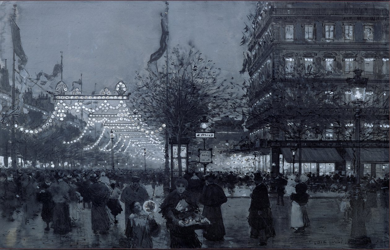 Grands Boulevards, Paryż, udekorowane z okazji obchodów Przymierza Francusko-Rosyjskiego w październiku 1893 roku (wc i gwasz na papierze) autorstwa Luigi Loir
