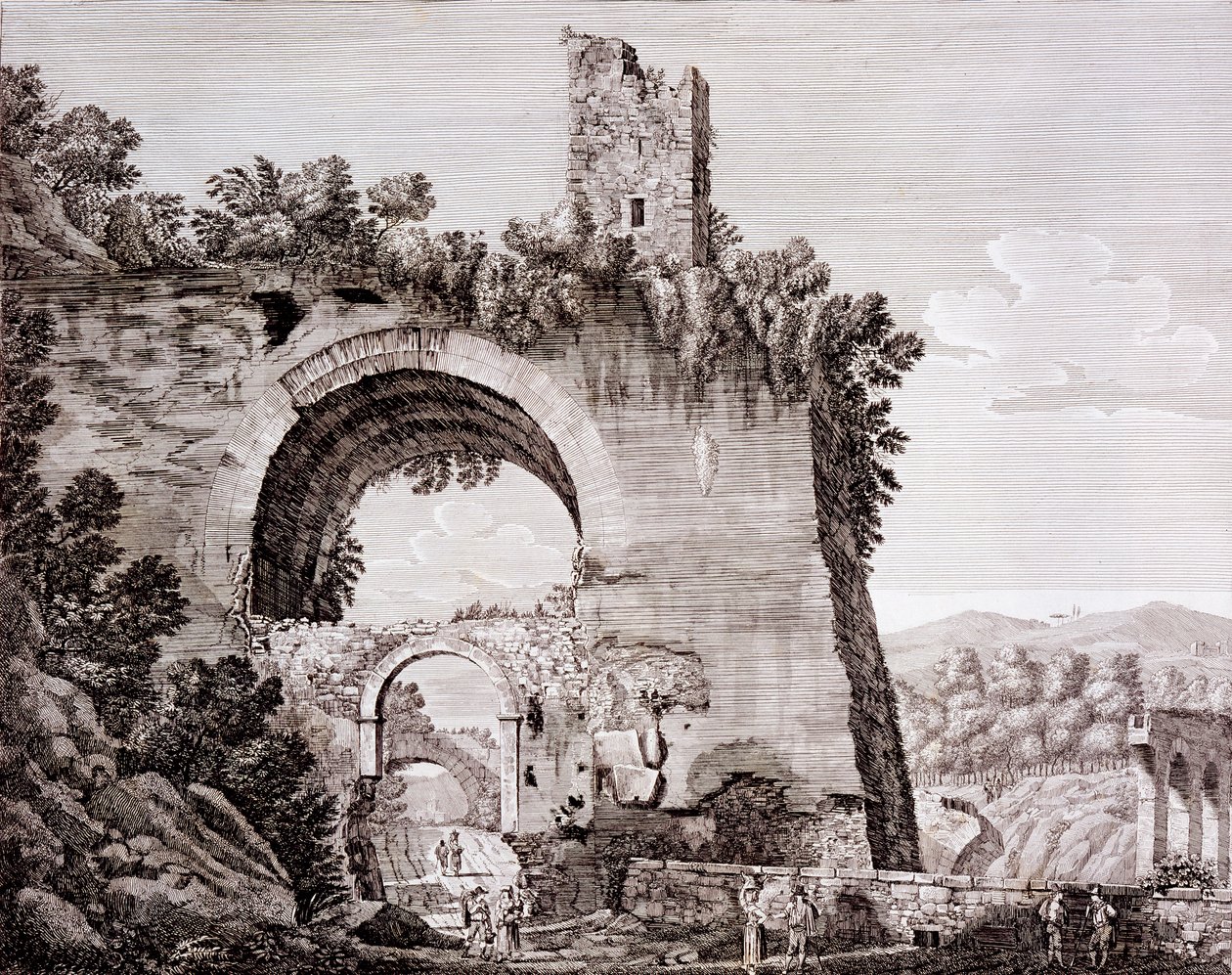 Pozostałości akweduktu wybudowanego przez Klaudiusza, który sprowadzał wodę do starożytnego Rzymu z Anio koło Tivoli, ok. 1824-26 autorstwa Luigi Rossini