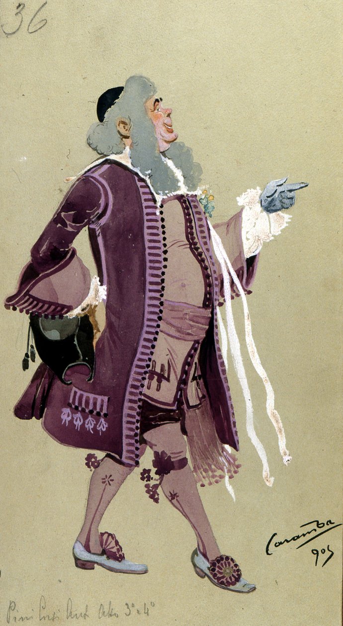 Projekt kostiumu dla Don Bartolo z Wesela Figara Wolfganga Amadeusza Mozarta, 1905 autorstwa Luigi Sapelli Caramba