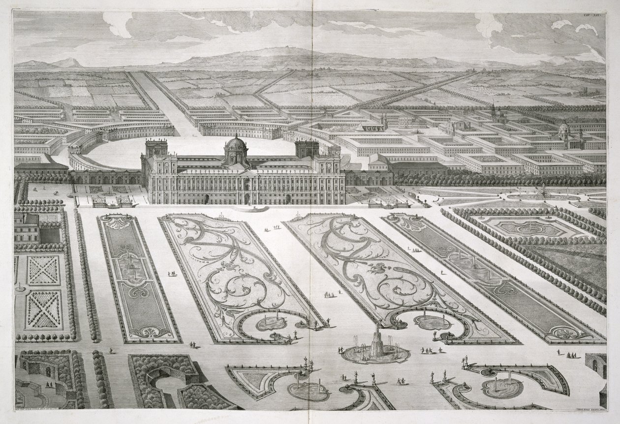 Palazzo di Caserta, z „Deklaracji Rysunków Pałacu Królewskiego w Caserta”, ryt. Carlo Nolli (zm. 1770), wydana w 1756 r. autorstwa Luigi Vanvitelli