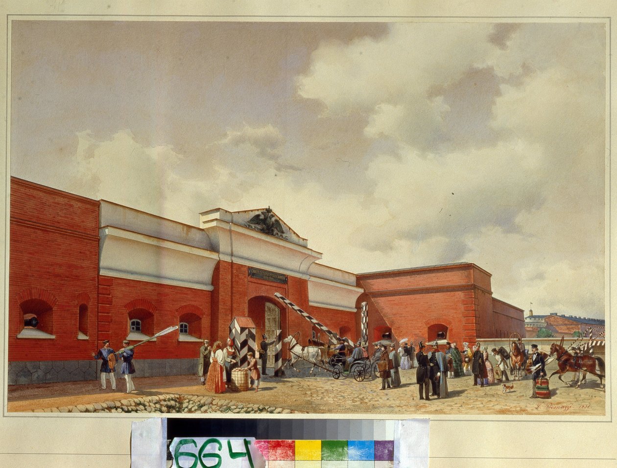 Morska twierdza Kronsztad. Brama Sankt Petersburga. (Twierdza Morska Kronsztad. Brama Sankt Petersburga). Praca Luigi Premazzi (1814-1891), akwarela na papierze autorstwa Luigi Premazzi