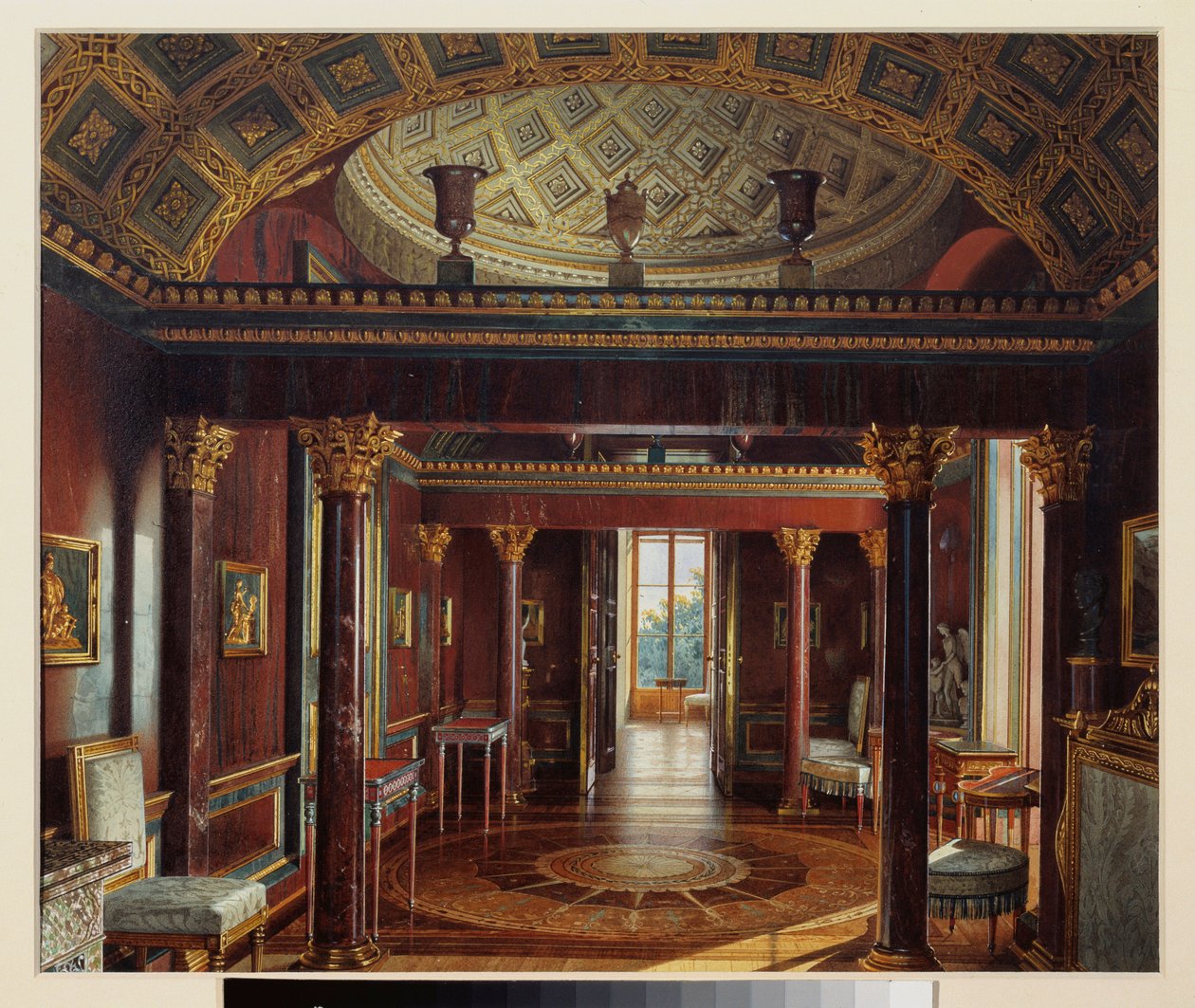 Sala Agatowa (Agatowa) (lub Gabinet Jaspisowy), w Wielkim Pałacu Carskiego Sioła. Praca Luigi Premazzi (1814-1891), akwarela na papierze autorstwa Luigi Premazzi