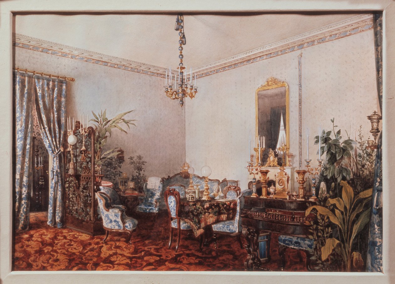 Salon w Domu Varvary Obreskovej. Praca Luigi Premazzi (1814-1891), akwarela na papierze autorstwa Luigi Premazzi