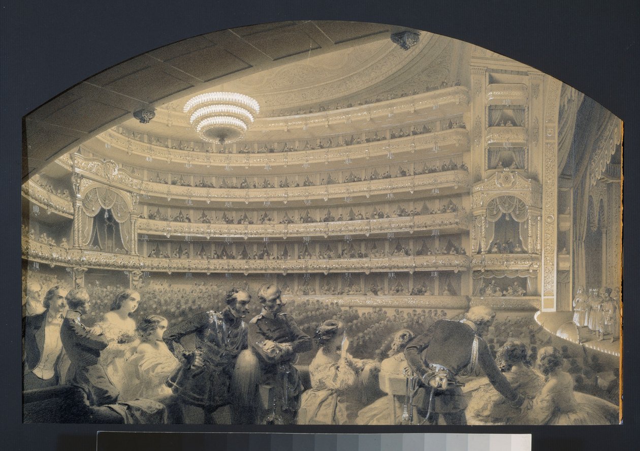Widownia teatru cesarskiego Bolchoi Kammeny w Sankt Petersburgu. Grafika: Luigi Premazzi (1814-1891), akwarela i biały na papierze, ok. 1850 r. Sztuka włoska autorstwa Luigi Premazzi
