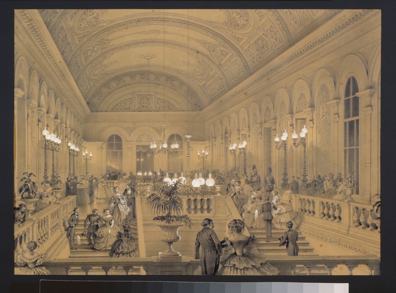 Schody Teatru Cesarskiego Bolchoi Kammeny w Sankt Petersburgu. Grafika: Luigi Premazzi (1814-1891), akwarela i biały na papierze, ok. 1850 r. Sztuka włoska autorstwa Luigi Premazzi