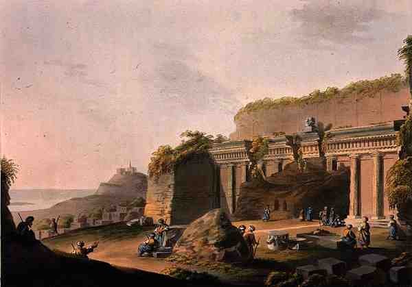 A Grotto Cut in the Rock, niedaleko Lind na Rodos, z „Widoków w Imperium Osmańskim”, wydanej przez Roberta Bowyera (1758-1834) 1803 (kolorowa akwatinta) autorstwa Luigi (after) Mayer